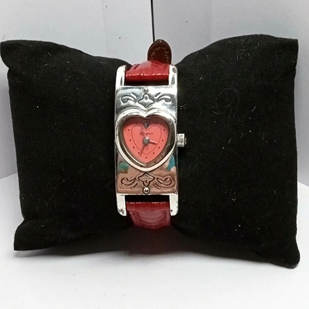 BRIGHTON "Santa Paula" Silver Plated, Pink Watch face, Burgundy Leather Band